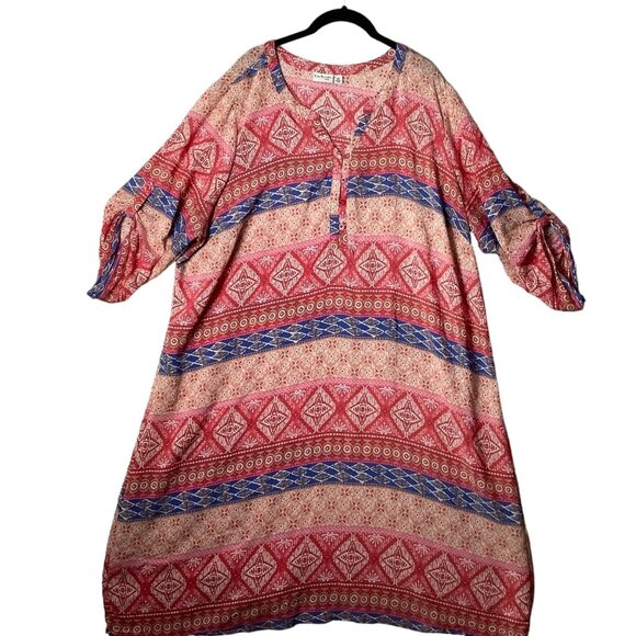 Kim Rogers Curvy Shift Bohemian Dress Women Sz 2X Roll Tab Orange Blue - Picture 1 of 7